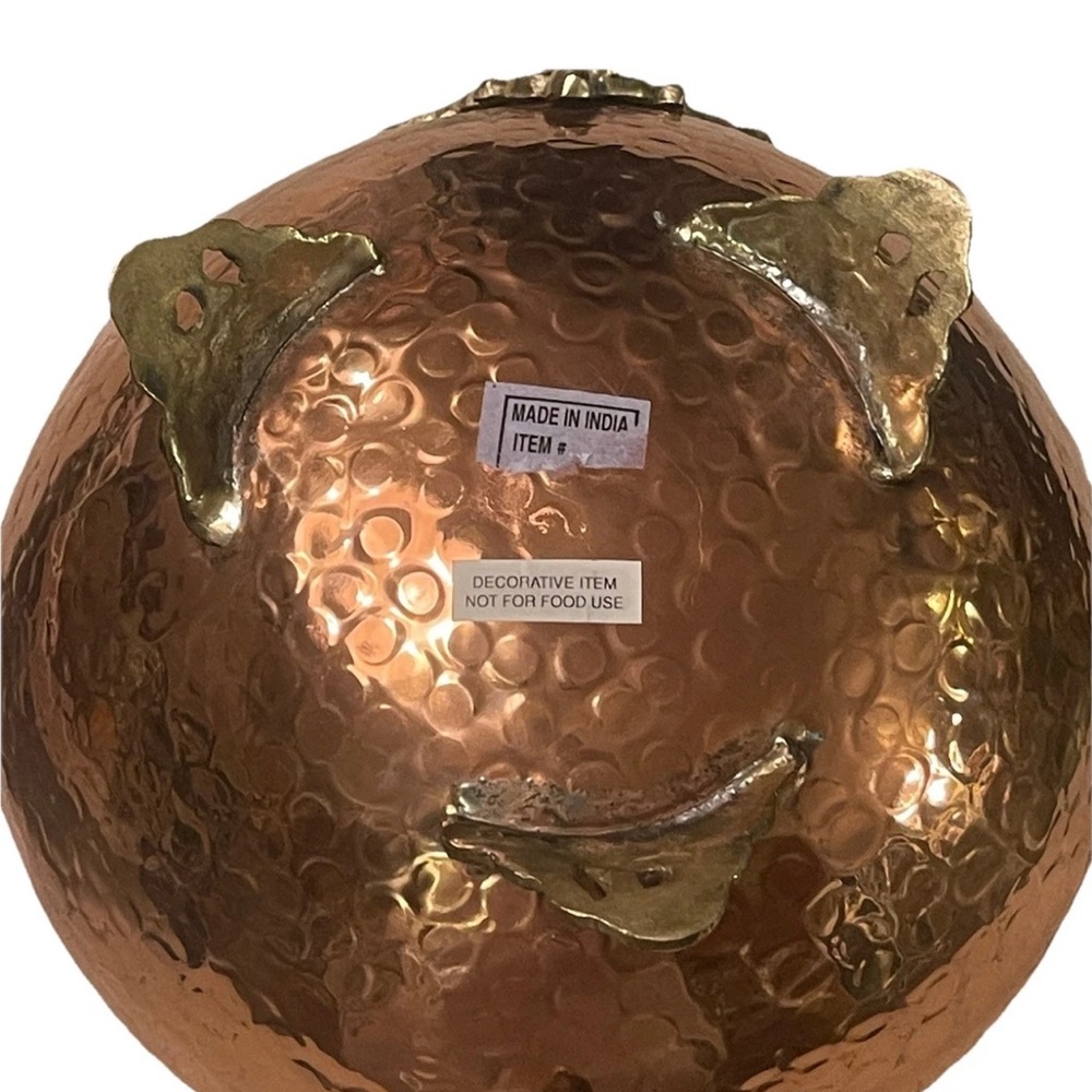 Hammered Copper Planter Ornate Brass Feet Handle Decorative Bowl Cauldron India - Picture 11 of 13